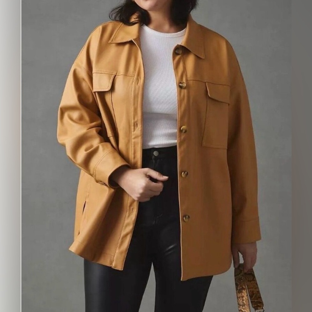 Maeve by Anthropologie Faux Leather Button Down overshirt Jacket mustard color L